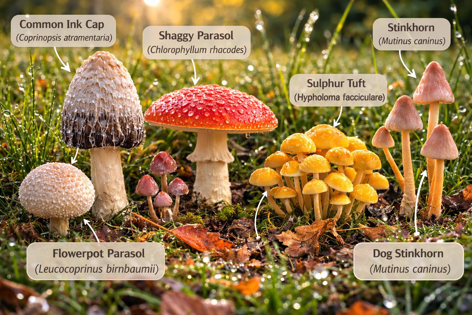 Common UK grassland mushrooms in meadow and lawn habitats